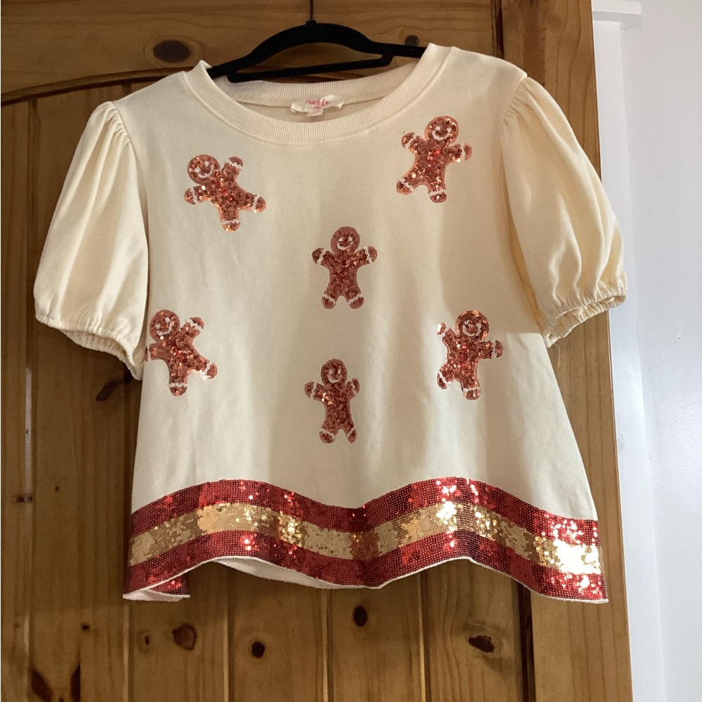 Cream Sequin Gingerbread Short Sleeve Top